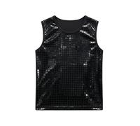 Girls Sequin Checkered Tank Top Shiny Performance Vest For Stage Dance Party (Black-C, 11-14 Years)