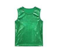 Girls Sequin Checkered Tank Top Shiny Performance Vest For Stage Dance Party (Green-C, 11-14 Years)