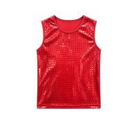 Girls Sequin Checkered Tank Top Shiny Performance Vest For Stage Dance Party (Red-C, 11-14 Years)