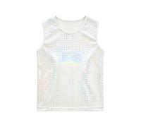 Girls Sequin Checkered Tank Top Shiny Performance Vest For Stage Dance Party (White-C, 7-10 Years)