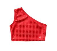 Girls Sequin Crop Top Shiny tee Rhinestone Tank Stage Performance Show Blouse (Red, 150/160)