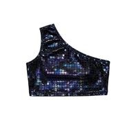 Girls Sequin Cut Crop Top Shimmering Square Pattern Stage Performance tee (Black, 150/160)