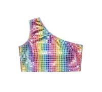 Girls Sequin Cut Crop Top Shimmering Square Pattern Stage Performance tee (Multicolour, 150/160)