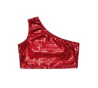 Girls Sequin Cut Crop Top Shimmering Square Pattern Stage Performance tee (Red, 170/180)
