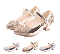 Girls Special Occasion Heeled Shoes Kids Gold Glitter High Heels Princess Mary Jane Shoes Sparkle Sequin Dress Sandals Children Wedding Party Crystal Pumps Leather Loafers