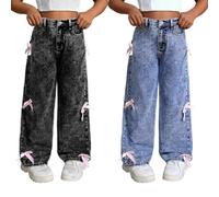 Girls Wide Leg Baggy Jeans Cute Bow Denim Trousers for Girls' High Waist Straight Leg Washed Loose Fit Denim Pants with Pockets Kids Casual Trousers Vintage Trendy Y2K Streetwear