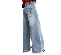 Girls Wide Leg Baggy Jeans Kids High Elastic Waist Flared Denim Pants with Pockets Teen Girls Loose Fit Casual Ripped Denim Trousers Retro Classic Y2K Hip Hop Streetwear