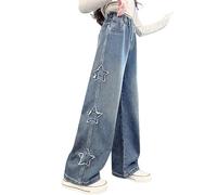 Girls Wide Leg Baggy Jeans Kids Star Patchwork Ripped Denim Pants Teen Girls Elastic Waist Straight Leg Washed Loose Fit Denim Trousers Teenage Casual School Trousers Y2K Streetwear