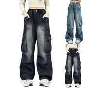 Girls Wide Leg Cargo Jeans Kids Elastic Waist Washed Distressed Baggy Denim Pants with Pockets Teen Girls Y2K Vintage Cargo Trousers Loose Fit Casual Athletic Joggers