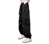 Girls Wide Leg Cargo Pants Y2K Elastic Waist Baggy Trousers Teen Girls Hip Hop Straight Leg Parachute Pants Solid Color Trousers with Multi Pockets for Spring Summer
