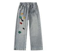 Girls Wide Leg Jeans Kids Love Heart Cute Printed Baggy Cargo Trousers Teen Loose Fit Elastic Waist Pull On Denim Pants Casual Y2k Hip Hop Streetwear Fashion Vacation Sweatpants