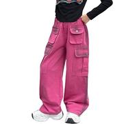 Girls' Work Jeans Spring Summer and Autumn New Models for Middle and Large Children with Big Pockets Retro Wide Leg Pants Trendy and Loose Casual Trousers Leggings 152 Azul, Rosa., 12-14 años