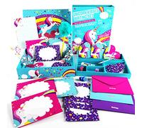 GirlZone Regalos para Niñas Set de Papel Carta de Unicornio - Juego con Hojas, Tarjetas, Sobres, Bolígrafos, Goma, Pegatinas, Cinta Adhesiva y Sellos - Papelería Infantil 3 a 12 años Writing Set
