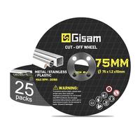 Gisam Discos de Corte 25 Piezas, 75 x 1,2 x 10 mm, taladro Ø 10mm, Ruedas de Corte Set para Ø 76 mm Mini Amoladora Angular a Batería
