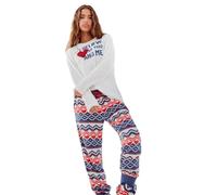 GISELA - Pijama Largo de Tejido Polar, Dos Piezas, Camiseta Manga Larga con Print Central, Pantalón Largo Ajustado en Tobillos y Cintura con Goma y Lazo, con Poliéster (Beige, XS)