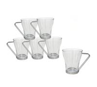 Gissed Juego 6 Tazas Café Desayuno Vidrio con Asa Metálica y Base | 230ml | Vasos Té Capuchino Infusiones Postres | Moderno Elegante | Resistente | NO Microondas/Lavavajillas
