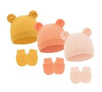 Gissroys Bonito gorro de bebé y manoplas, paquete de 3 unidades, de tela de algodón suave con orejas de oso para la comodidad diaria de algodón, Set 3, Talla única