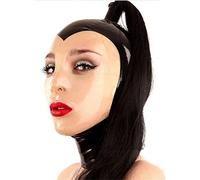 GITDOT Látex Cabeza Cubrir con peluca cola de caballo, Látex máscara de cabeza Capucha de goma expuesto boca ojos para Cosplay Fiesta ropa de club (M)