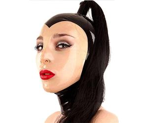 GITDOT Látex Cabeza Cubrir con peluca cola de caballo, Látex máscara de cabeza Capucha de goma expuesto boca ojos para Cosplay Fiesta ropa de club (M)