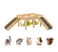 Gitekain Wooden Hamster Hammock Castle, Two Tier Small Animal Hut, Multi Level Pet House with Stair for Climbing and Rest, Natural Wood Hamster with/for Detachable Hammock Bed