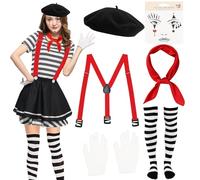 Giugio Disfraz de pantomima para mujer, 6 piezas, disfraz de circo, disfraz de payaso con boina, bufanda, guantes, tatuaje, calcetines, tatuaje y tirantes, para Halloween, carnaval, fiesta