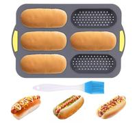 Giuneuow Molde de Silicona, Molde para Panecillos de Hot Dog con Pincel de Aceite, Molde Antiadherente para Hornear Pan Francés con 6 Canales, Molde para Pan Francés para Hot Dog