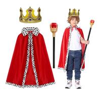 GIUSOBG Capa de Rey para Niños 3pcs Disfraz Medieval Capa Real con Corona y Cetro Halloween de Rey para Niños Disfraz de Reina para Carnaval Cosplay Fiesta Actuación Escenario