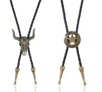 GIUSOBG Corbata de Cuero Corbata 2 Piezas con Colgantes de Calavera de Vaca y Estrella de Texas Ranger 70CM Corbatas de Bolo Occidental de Halloween Collar para Mujeres, Hombres (Bronce)