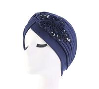 GIVBRO Lentejuelas Turbante Caps 3D Flor Headwear Velvet Wrap Hair Cap Plisado Chemo Sombreros Mujeres Pérdida de Cabello Sombrero Azul Oscuro