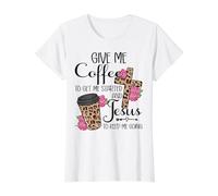 Give Me Coffee To Get Me Started and Jesus To Keep Me Going Camiseta gráfica económica, Mujer, Blanco, S