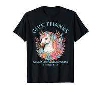 Give Thanks Pretty Biblia versículo Cristiano Lindo Unicornio Camiseta