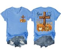 Give Thanks to The Lord, camiseta cristiana de otoño con flores bohemias de calabaza, camisetas gráficas para mujer con cuello en V, Azul (carolina blue), S