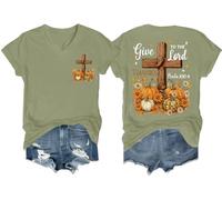 Give Thanks to The Lord, camiseta cristiana de otoño con flores bohemias de calabaza, camisetas gráficas para mujer con cuello en V, verde oliva, XL