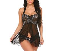 GIVTULIP Conjunto de Lencería Tallas Pijama para Mujer Cuello Semi Transparente de Verano Sexy de Malla Babydoll con Tanga Ropa de Dormir Transparente Camisón de Encaje Interior Camisones Pijamas