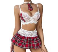 GIVTULIP Set de lencería de colegiala para mujer, ropa interior sexy para juego de roles con minifalda a cuadros y falda con pliegues, top corto y corbata, conjunto de cosplay de 5 piezas para