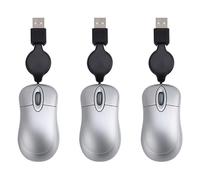 Giwnhvx 3 ratones mini USB con cable retráctil, pequeño, 1600 DPI, óptico, compacto, de viaje, color plateado