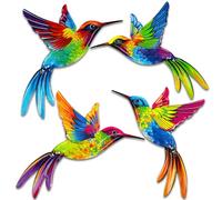 Giyiprpi Paquete de 4 piezas de decoración de pared de colibrí de metal, pájaros coloridos en 3D, decoración de pared para patio, valla de patio, decoración colgante de pared para jardín, sala de