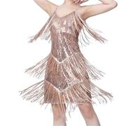 GIYXHU Vestido de Baile Latino con borlas y Lentejuelas for Adultos, Falda Profesional Tango for Mujer, Disfraz Jazz para Mujer(Champagne,M)