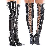 Gizelle - Back Lace Up Over The Knee Boots, Bota sobre la rodilla, Black Patent,