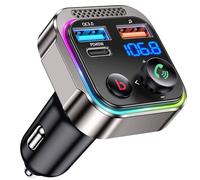 GizmoVine Transmisor FM Bluetooth 5.4 Coche, 63W PD 45W + QC 18W, 12V/24V | Manos libres con micro y CVC, graves BASS, USB-A + USB-C, aleación de zinc, pantalla de voltaje, luces RGB, para camión