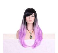 GJBXP 28 pulgadas moda negro rubio Ombre peluca con flequillo pelo sintético Anime Cosplay pelucas largas onduladas para mujer resistente al calor púrpura claro