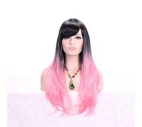 GJBXP 28 pulgadas moda negro rubio Ombre peluca con flequillo pelo sintético Anime Cosplay pelucas largas onduladas para mujer resistente al calor rosa claro