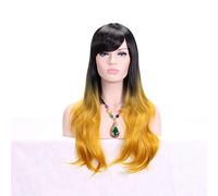 GJBXP 28 pulgadas moda negro rubio Ombre peluca con flequillo pelo sintético Anime Cosplay pelucas largas onduladas para mujer resistente al calor amarillo