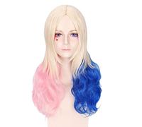 GJBXP Anime Batman Suicide Squad Harleen Quinzel Cosplay Peluca Pelo sintético Disfraz de Halloween Pelucas de cola de caballo para mujeres Perucas + Gorra rosa azul