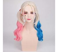 GJBXP Anime Batman Suicide Squad Harleen Quinzel Cosplay Peluca Pelo sintético Disfraz de Halloween Pelucas de cola de caballo para mujeres Perucas + Gorra rosa azul cola de caballo