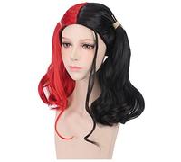 GJBXP Anime Batman Suicide Squad Harleen Quinzel Cosplay Peluca Pelo sintético Disfraz de Halloween Pelucas de cola de caballo para mujeres Perucas + Gorra negro rojo