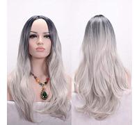 GJBXP Anime Parte media Raíz oscura Negro Rosa Azul Púrpura Ombre Peluca Pelo sintético Largo Ondulado Mujer Pelucas Cosplay Fibra de alta temperatura plata