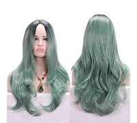 GJBXP Anime Parte media Raíz oscura Negro Rosa Azul Púrpura Ombre Peluca Pelo sintético Largo Ondulado Mujer Pelucas Cosplay Fibra de alta temperatura verde militar