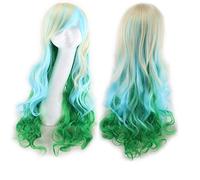 GJBXP Harajuku Lolita Azul Rosa Ombre Pelucas de cabello para mujeres Barato Anime Cosplay Peluca sintética ondulada larga con flequillo para fiesta de disfraces rubio azul verde