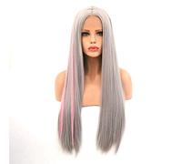 GJBXP Harajuku Pelucas de fibra sintética largas y rectas resistentes al calor Raíces oscuras sin cola 150% de densidad Cabello frontal de encaje para mujeres 16-22 pulgadas